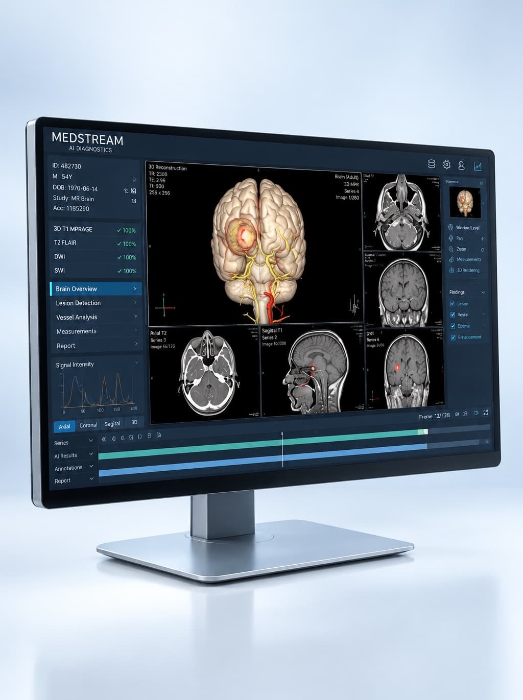 Monitor showing AI analysis of brain MRI scans